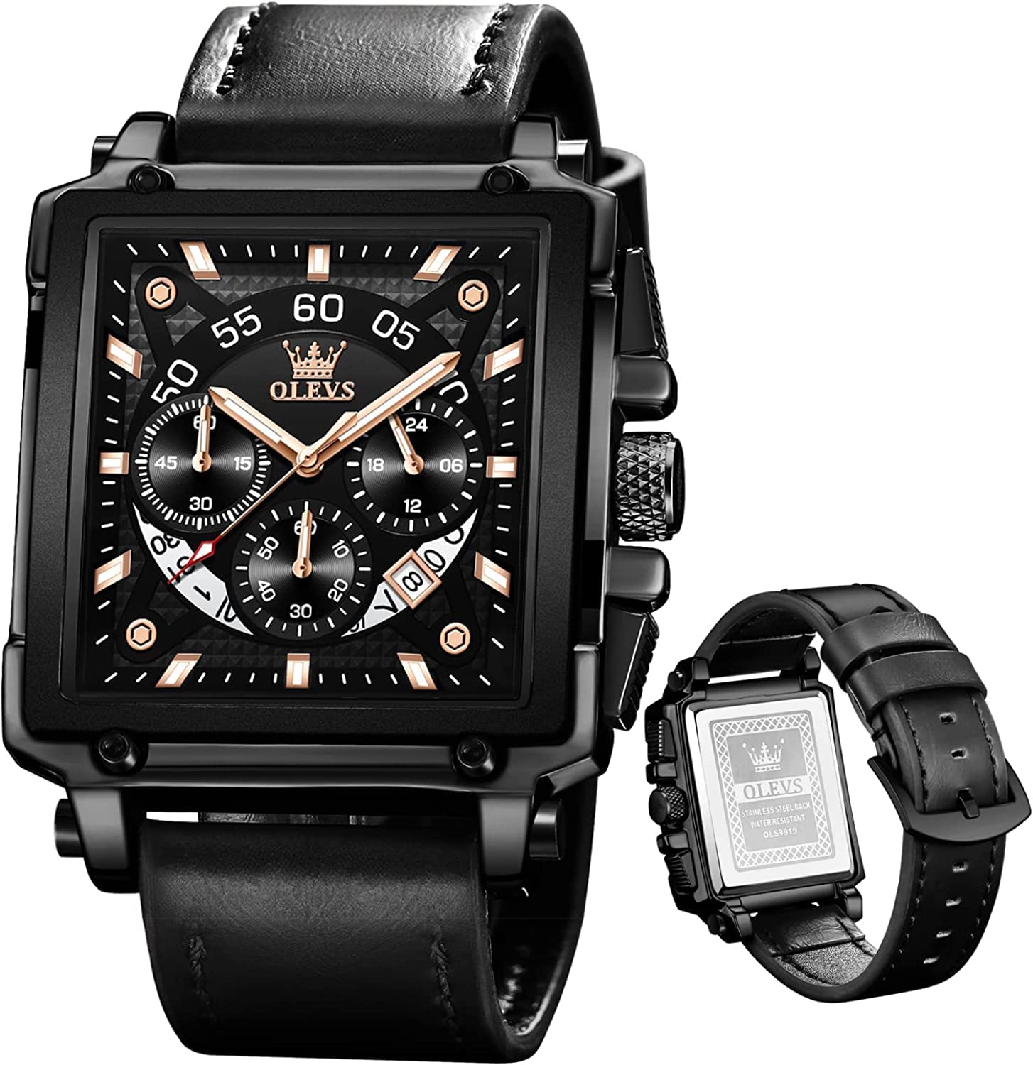 OLEVS Watches for Men Square Quartz Leather Waterproof Fashion Casual Watch