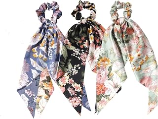 3 Pieces Hair Scarf Scrunchies Bowknot Hair Bows for Women Hair Bows with Long Satin Ribbon Floral Scrunchies Pastoral Hair Ties Tail Bras