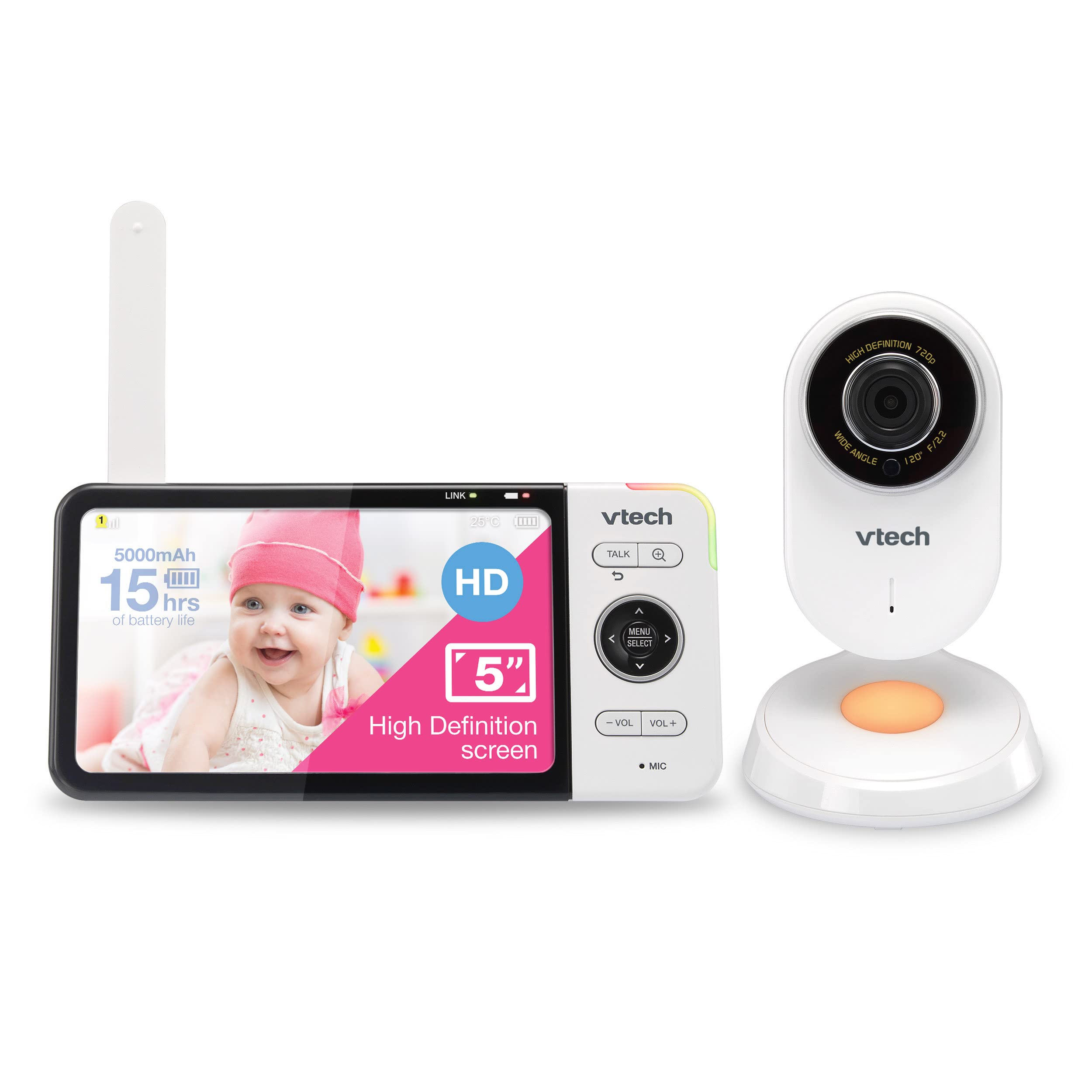 VTech VM818HD Video Monitor, 5-inch 720p HD Display, Night Light, 110-degree Wid