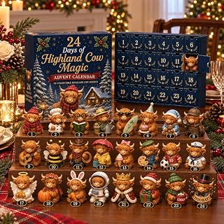 2026 Highland Cow Advent Calendar 3D Scotland Cattle Xmas Box | 24 Unique Collectible Fluffy Bovine Aesthetic Mini Ornaments And Cattle Figures