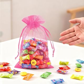 50 Pack Solid Color Organza Drawstring Bags Party Favor Pouches for Wedding Candy Packaging Birthday Event Decor(Rose Red)