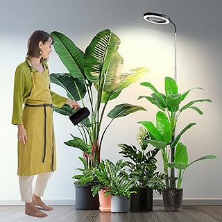 Garpsen Grow Lights for Indoor Plants, 6000K, Height Adjustable, Plug-in | 80 LEDs Full Spectrum Halo Plant Light, 3 Colors Modes, 5 Dimmable Levels, 6/12/16H Timer, Flexible Gooseneck