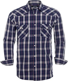 Men’s Western Cowboy Shirts-Long Sleeve Snap Button Plaid Shirt, Regular Fit Cotton Casual Shirt
