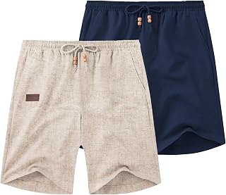 Coofandy Pantalones Cortos Casuales de Lino para Hombre, Cintura elástica, cordón, Ajuste Holgado, Verano, Playa, Vacaciones, Pantalones Cortos con Bolsillos