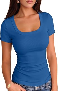 VICHYIE Women Square Neck Ribbed Knit Slim Fitted Casual Top
