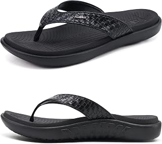 KuaiLu Women's Summer Fashion Leather Flip Flops with Support Orthopedic Beach Flip Flops and Pool Slips