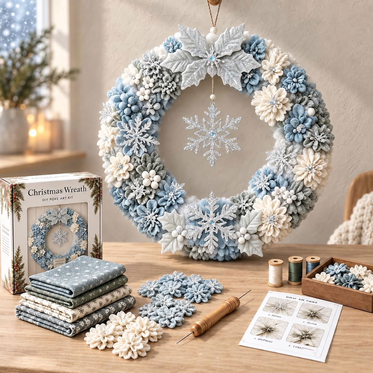 Christmas Wreath 3D Fabric Poke Art DIY Kits for Adults (Snowflake) | Beginner-F