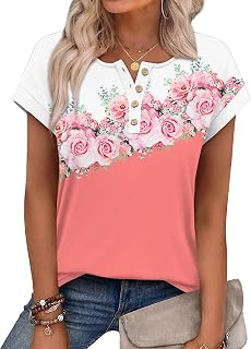 OFEEFAN Womens Tops Henley Shirts Button Down Short Sleeve Business Work Blouses Dressy Casual Summer Tops Spring Outfit