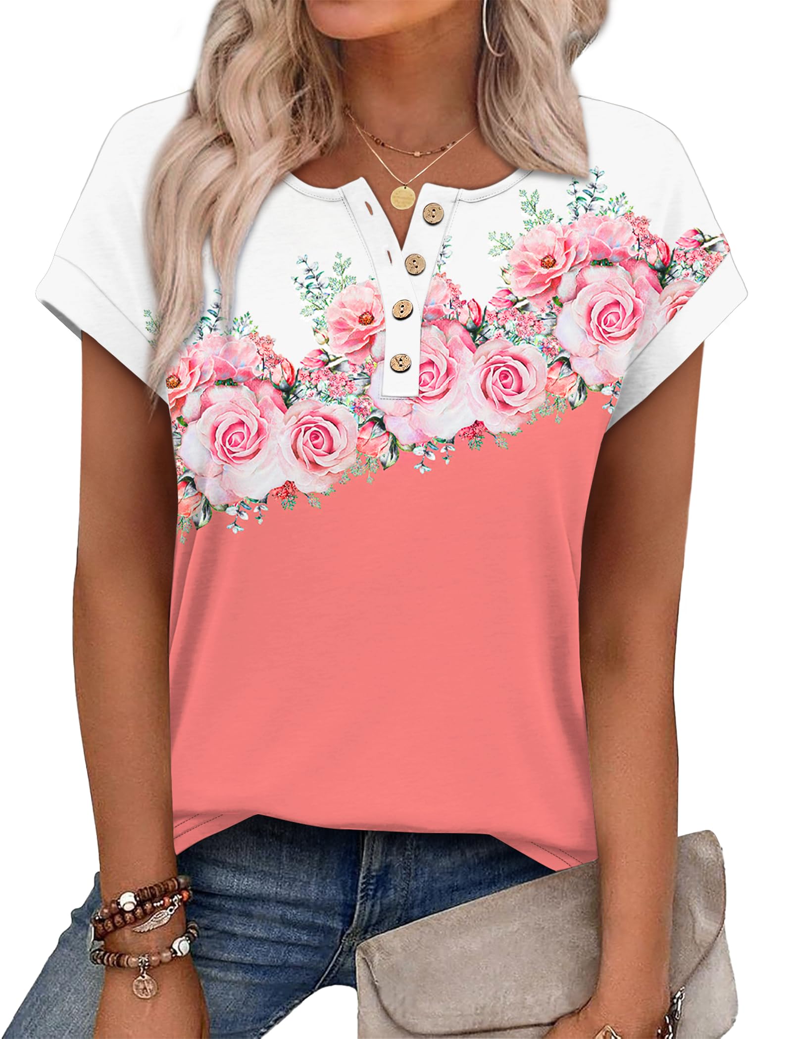 OFEEFAN Womens Tops Henley Shirts Button Down Short Sleeve Business Work Blouses