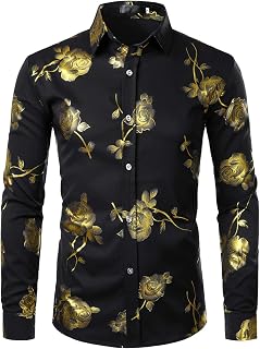Zero OYAA Men's Shirt 3D Golden Rose Slim Fit Long Sleeve Button-Down Floral Print