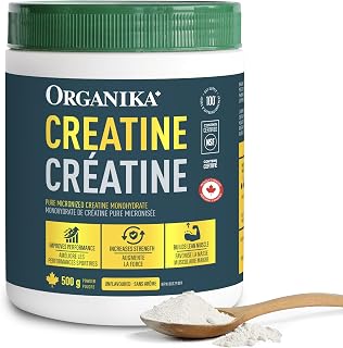 Organika Canadian-Made Creatine Powder Unflavoured | 500g, 100 servings | NSF Certified - Pure Micronized Creatine | Helps Build Lean Muscle, Increase Strength and Performance for Men and Women