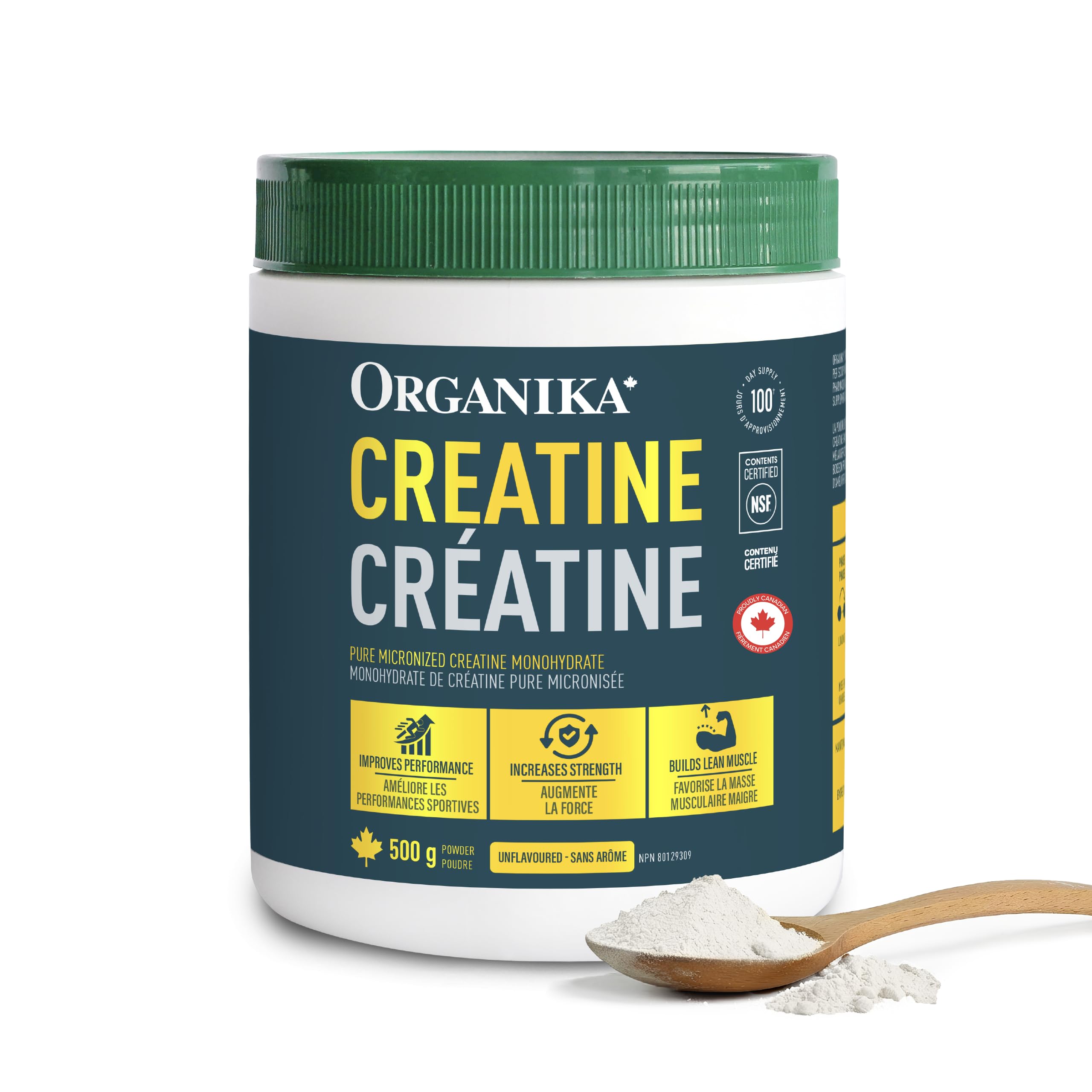 Organika Canadian-Made Creatine Powder Unflavoured | 500g, 100 servings | NSF Ce