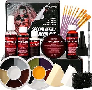Bowitzki Professional SFX Makeup Kit – Special Effects Makeup Kit with Fake Blood, Coagulated Blood, Liquid Latex, Bruise &amp; Zombie Face Paint for Halloween, Cosplay, Horror FX, Theater
