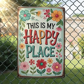 Rustic Floral Happy Place Wall Sign Aluminum and Metal Plaque – 10.5 x 7 In, Vintage Gift, Perfect Size for Indoor and Outdoor, Home, Office, Bar Decoration