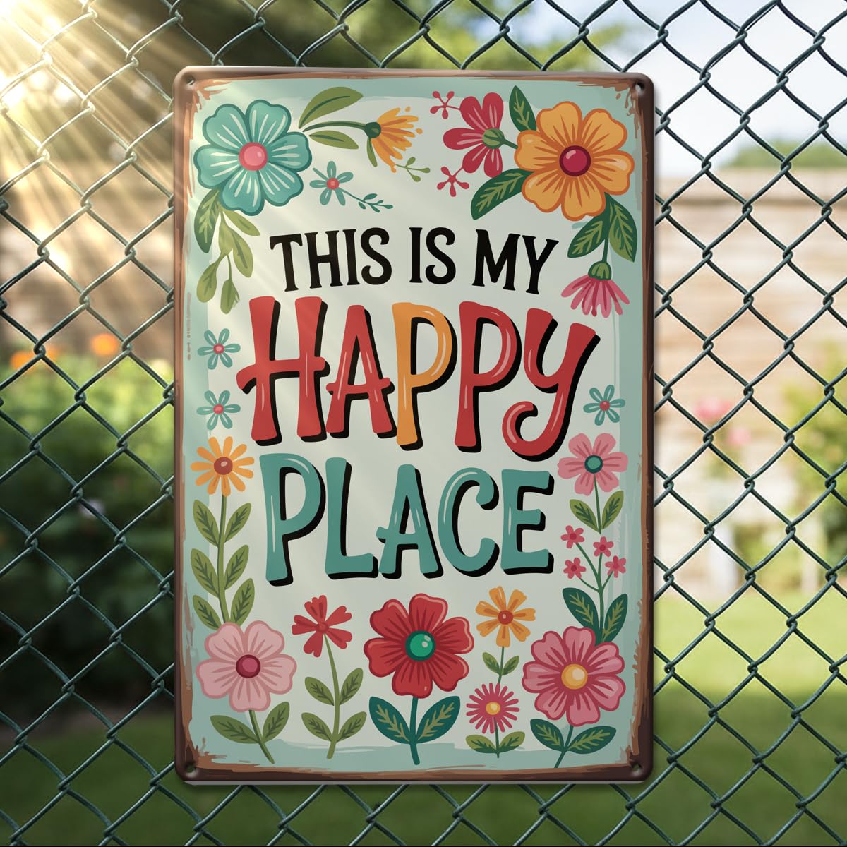 Rustic Floral Happy Place Wall Sign Aluminum and Metal Plaque – 10.5 x 7 In, Vin