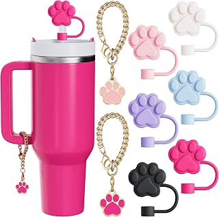 Set of 8 Stanley Cup Accessories, 6 Straw Toppers, Fits Stanley Straw Cover 9-10mm, 2 Cute Dog Paw Charms for Tumblers with Handles (Multicolor)