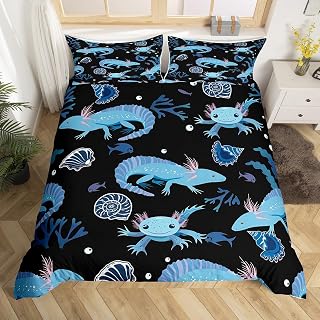 Feelyou Set copripiumino Axolotl Kawaii Axolotl copripiumino a tema animali 3D per bambini adulti Salamandra nero blu copriletto, ultra morbido, 3 pezzi queen size