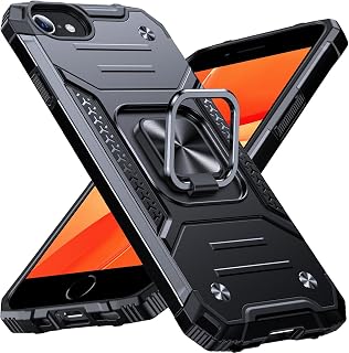Anqrp Heavy Duty Case for iPhone 6/7/8/SE/SE2 Case with Enhanced Ring Holder Grip Stand, Military Grade Shockproof Rugged Drop Protective Silicone Hard iPhone SE Phone Case Cover, Black