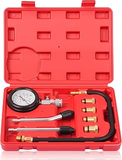 DAYUAN Professional Petrol Engine Compression Tester Kit Set, Red Case | 8 Pcs, 14mm &amp; 18mm Adapters, Dual Scale Gauge, 0-300 PSI/0-20 Bar, Reinforced Rubber Hose, Universal for Cars Motorcycles