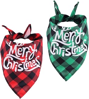 Merry Christmas Dog Bandana - 2 Piece Classic Plaid Scarf, Adjustable Triangle Bib Neckerchief, Washable Holiday Costume Accessory for Small Medium Large Dogs Pets