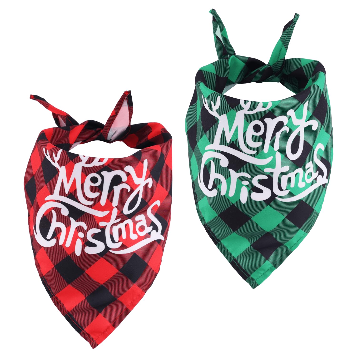 Merry Christmas Dog Bandana - 2 Piece Classic Plaid Scarf, Adjustable Triangle B