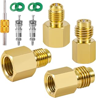 4pcs R134A Brass Refrigerant Tank Adapter, 1/4 SAE Male to 1/2 Acme Female 1/2 Acme Male to 1/4 SAE Female Flare Quick Coupler Can Adapter with Valve Core Remover for Automotive Car AC Hose System