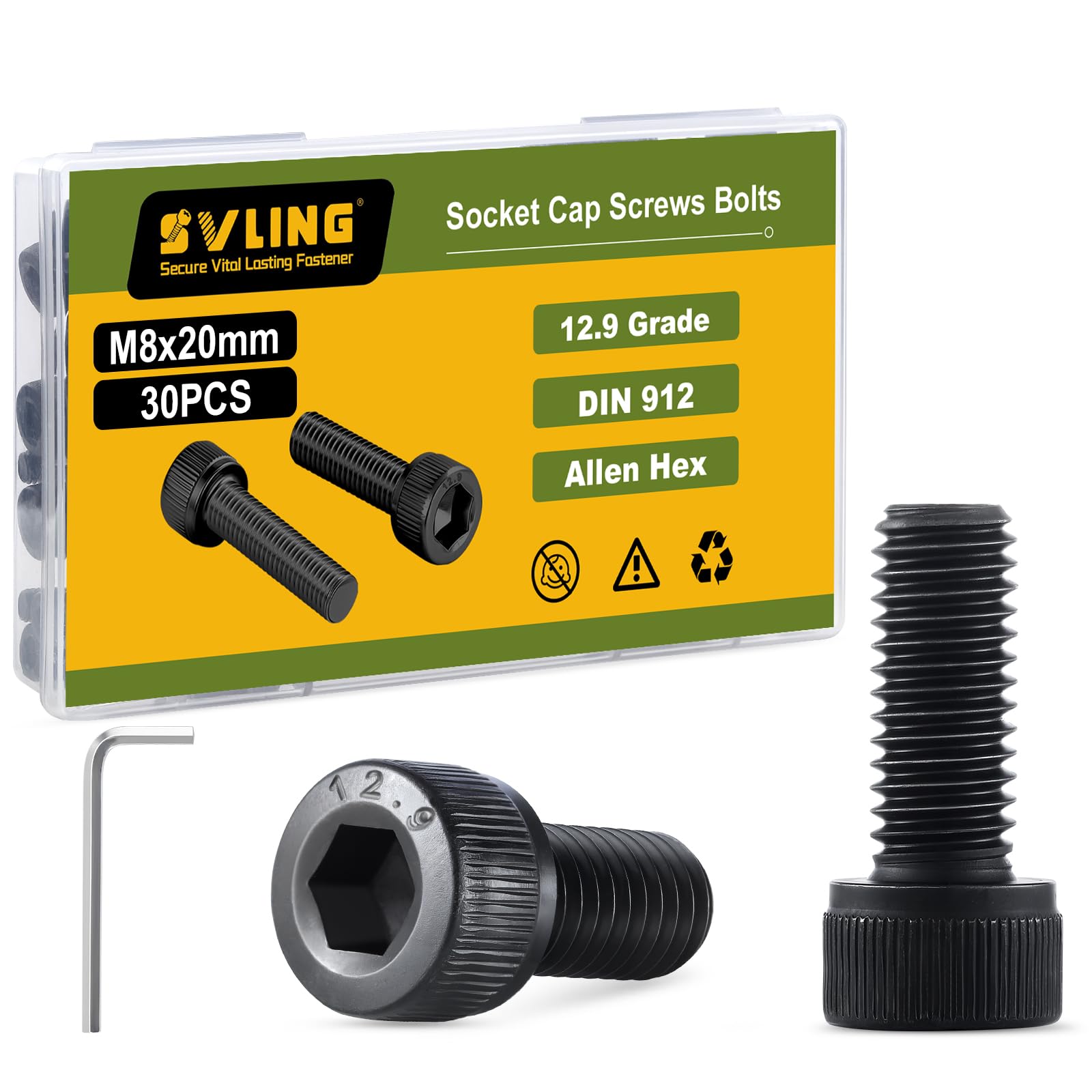 SVLING M8-1.25 x 20mm Bolt, 30PCS M8 Hex Socket Head Cap Screws Bolts, 12.9 Grad