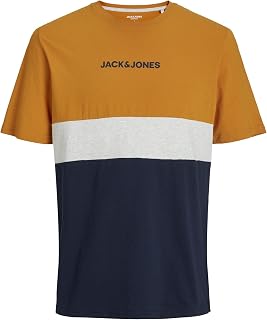 JACK & JONES Men's Plus Size Collar Block Tee with Logo Print Crew Neck Style JJEREID.