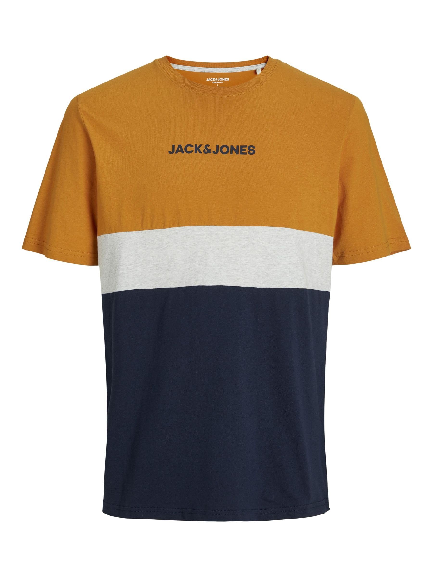 JACK & JONES Men's Plus Size Collar Block Tee with Logo Print Crew Neck Style JJ
