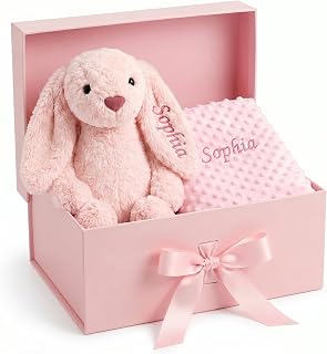 Personalized Baby Blanket & Plush Bunny Set - Baby Shower Birthday Gifts | Custom Name Baby Blankets for Infant Toddler Girls Boys, Customized Blanket & Rabbit Gift Set, Flannel Dot Receiving Swaddle