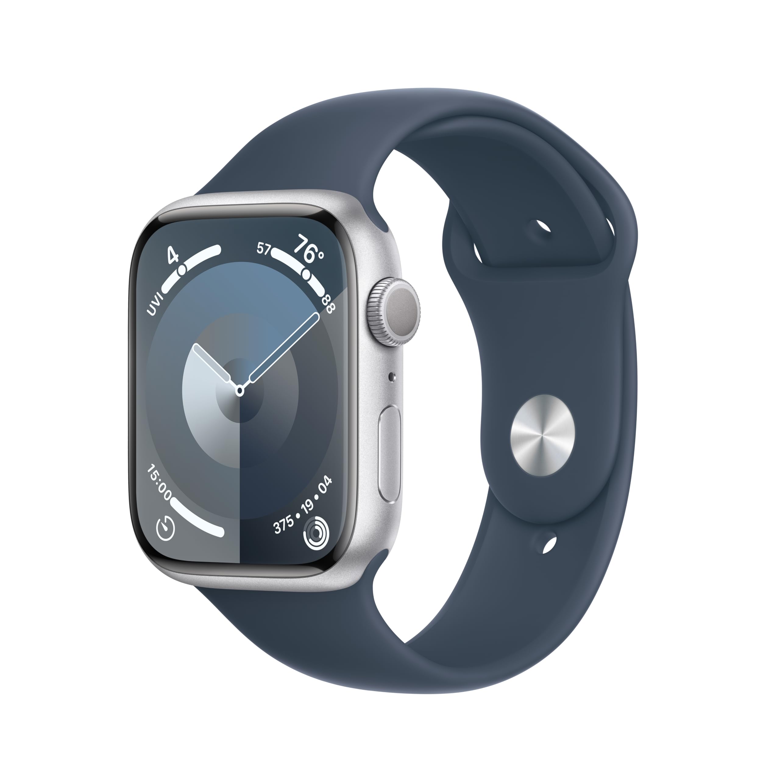 Apple Watch Series 9 [GPS 45mm] Silver Aluminum Case with Storm Blue Sport Band 