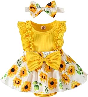 9 Month Baby Girl Clothes Newborn Romper Dress Infant Lace Ruffle Sleeveless Summer Outfits with Headband Yellow Flower 9-12 Months 100cm