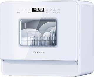 AIRMSEN 2025 NEW Upgraded Table Top Dishwasher with Soft Water Salt Function, Portable Countertop Dishwasher with 9 Programs & 5L Tank, 2-12H Delay Start & 360° Triple Spray Arms, White