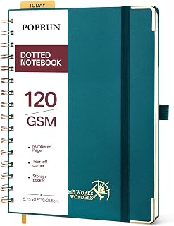 POPRUN Notebook Dotted A5 Spiral, Hardcover Pacific Green
