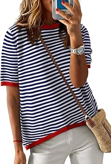 Cuptacc Women's Striped T-Shirt, Loose Summer Top with Round Neck, Short Sleeve, Cotton
