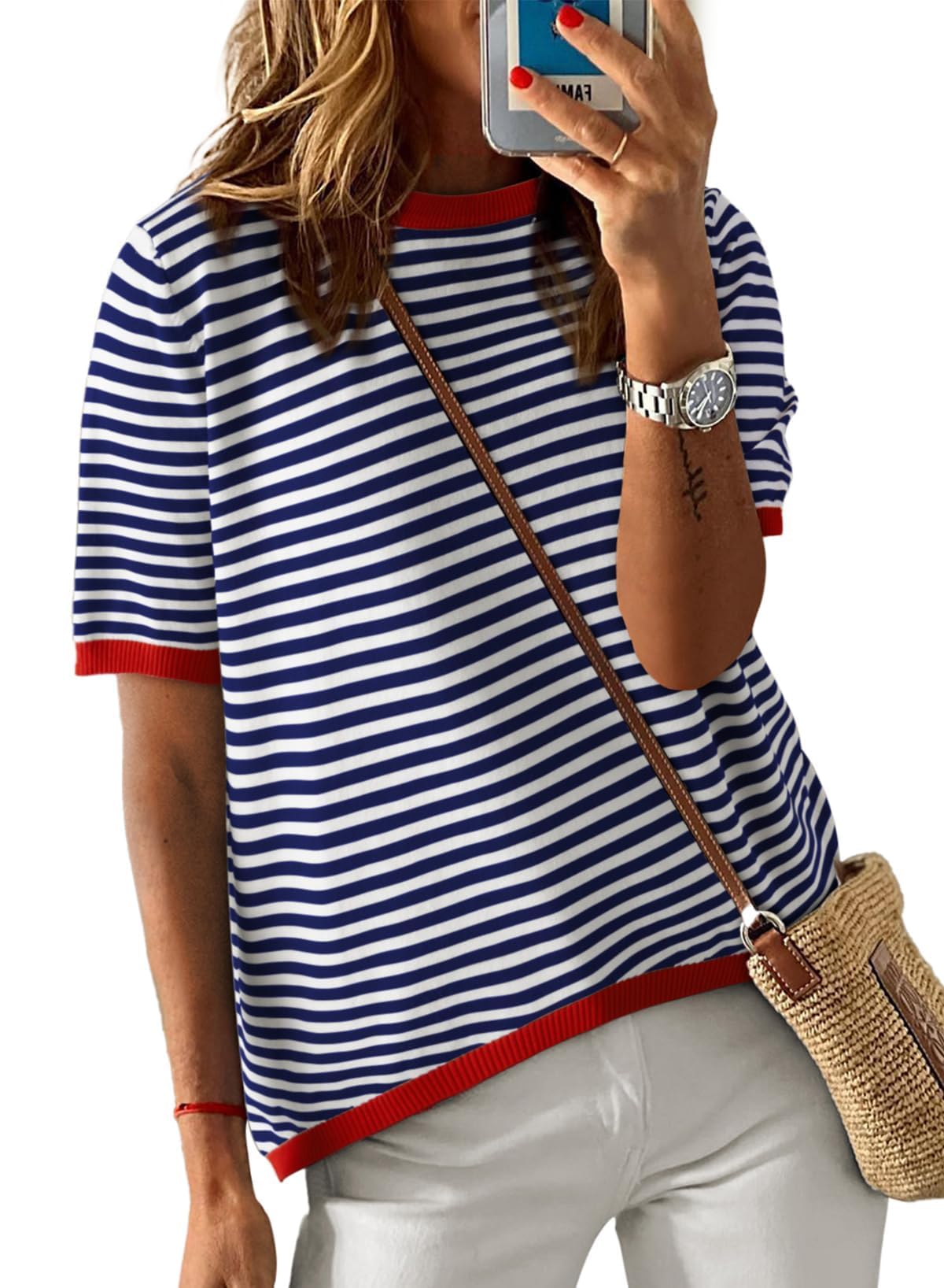 Cuptacc Women's Striped T-Shirt, Loose Summer Top with Round Neck, Short Sleeve,