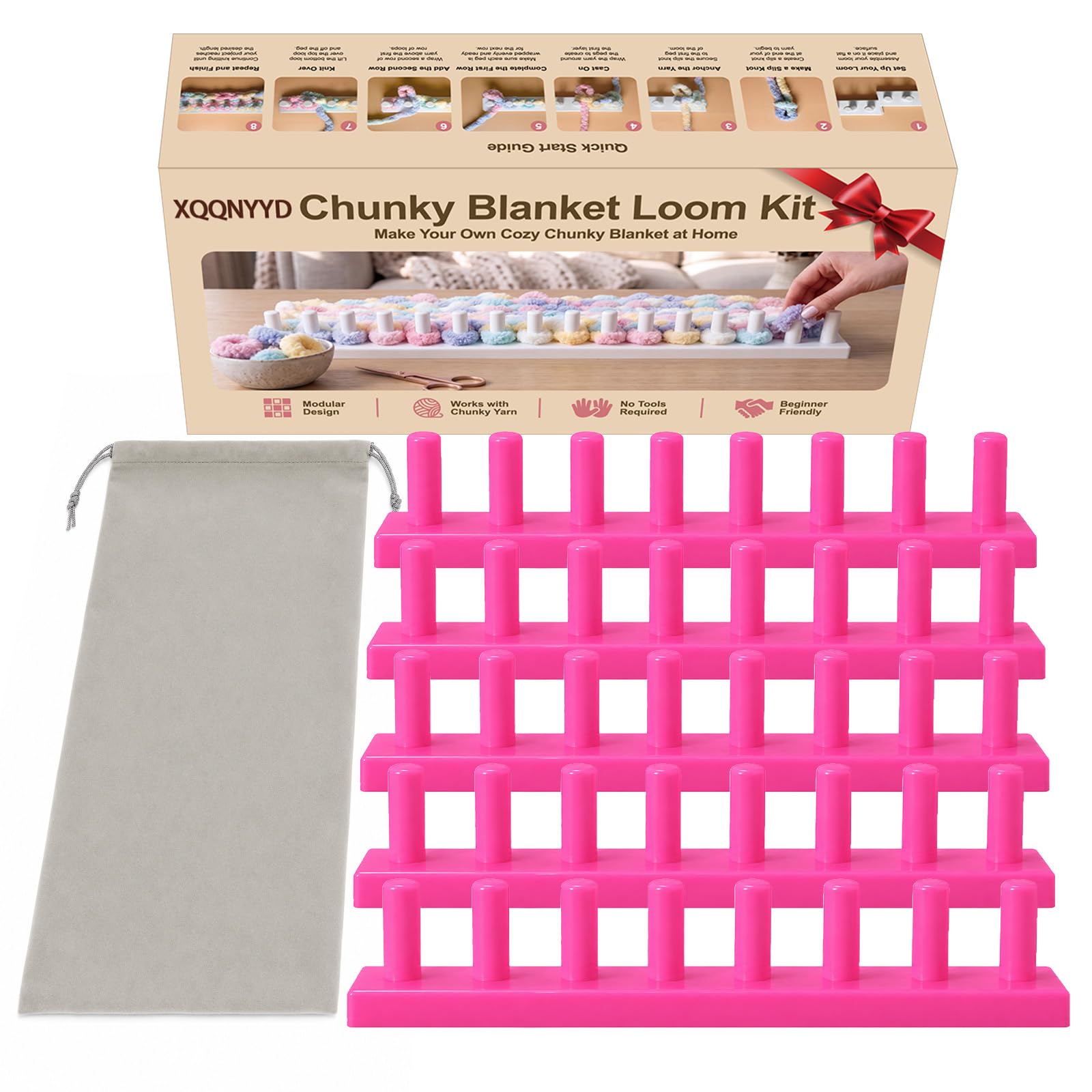 XQQNYYD 72" Chunky Blanket Loom Kit, 5 Sections Fuchsia Chunky Yarn Loom fo