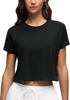 CRZ YOGA Women's Short Sleeve T-Shirt, Pima Cotton, Quick Drying, Soft, Stretchy, Loose, Crop Top, Casual, Sportswear