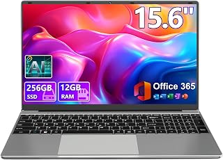 DRKAKO 15.6" FHD IPS Student Laptop, AI Assistant Included, Office 365 | 12GB RAM 256GB SSD, J4105 Quad-Core Processor, 180° Lay-Flat, WiFi 5, Bluetooth, USB 3.2, 53.2Wh Battery, Thin & Lightweight