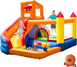HuaKastro Bouncy Castle for Kids with Water Slide, Pool/Ballpit | 5-in-1 Indoor/Outdoor Blow Up Play Center for Climbing, Sliding, Jumping & Splashing Fun, Blower Included