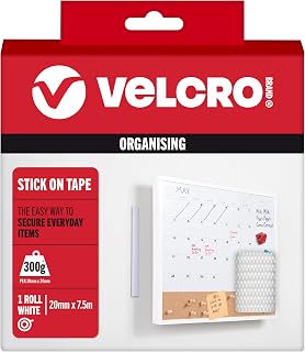 VELCRO Brand Stick On Tape, Hook & Loop, Cut-to-Length, White 20mm x 7.5m