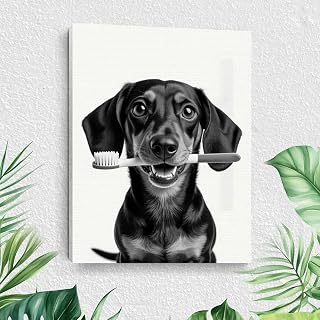 Funny Dog Canvas Paintings for Bathroom, Adorable Dachshund Framed Painting Funny Wall Decor for Dog Lovers for Living Room, Bathroom, Farmhouse Rustic Decor