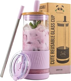 Pandaloo® Glass Cups With Lids and Straws -20 Fl Oz- Perfect Size Iced Coffee Cup - Smoothie Cup With Bamboo Lid and On the go Lid - Glass Tumbler With Straw (1 Count (Pack of 1), Lilac Rhapsody)
