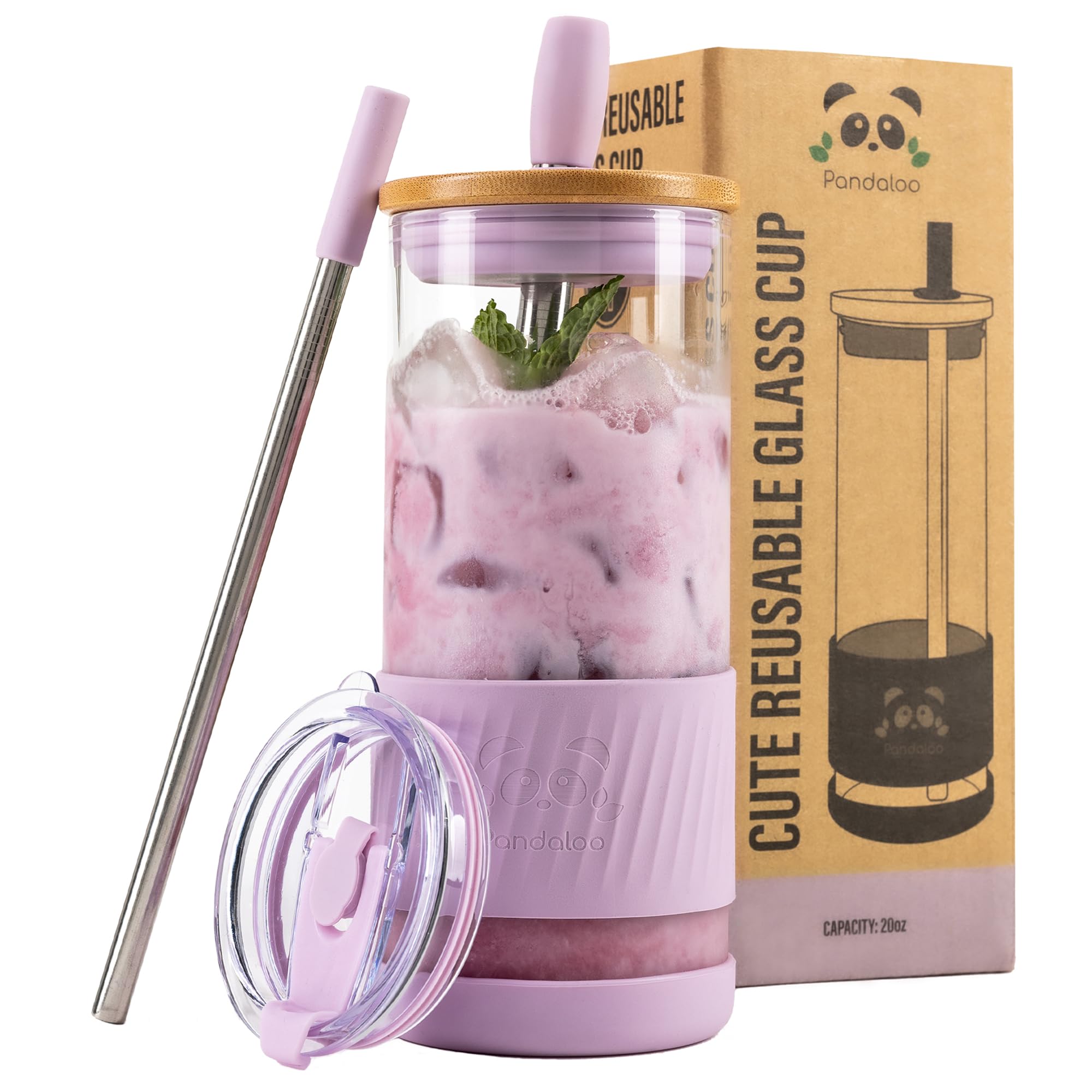 Pandaloo® Glass Cups With Lids and Straws -20 Fl Oz- Perfect Size Iced Coffee Cu