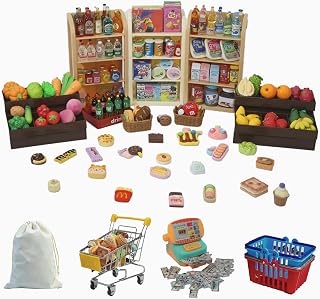 180Pcs Mini Shopping Cart Playset - Pretend Grocery Dollhouse Accessories Toys with Miniature Cash Register, 2 Fruit-Veggie Stands, 3 Shelves, 100+ Play Food - Educational Role Play Toys for Toddlers