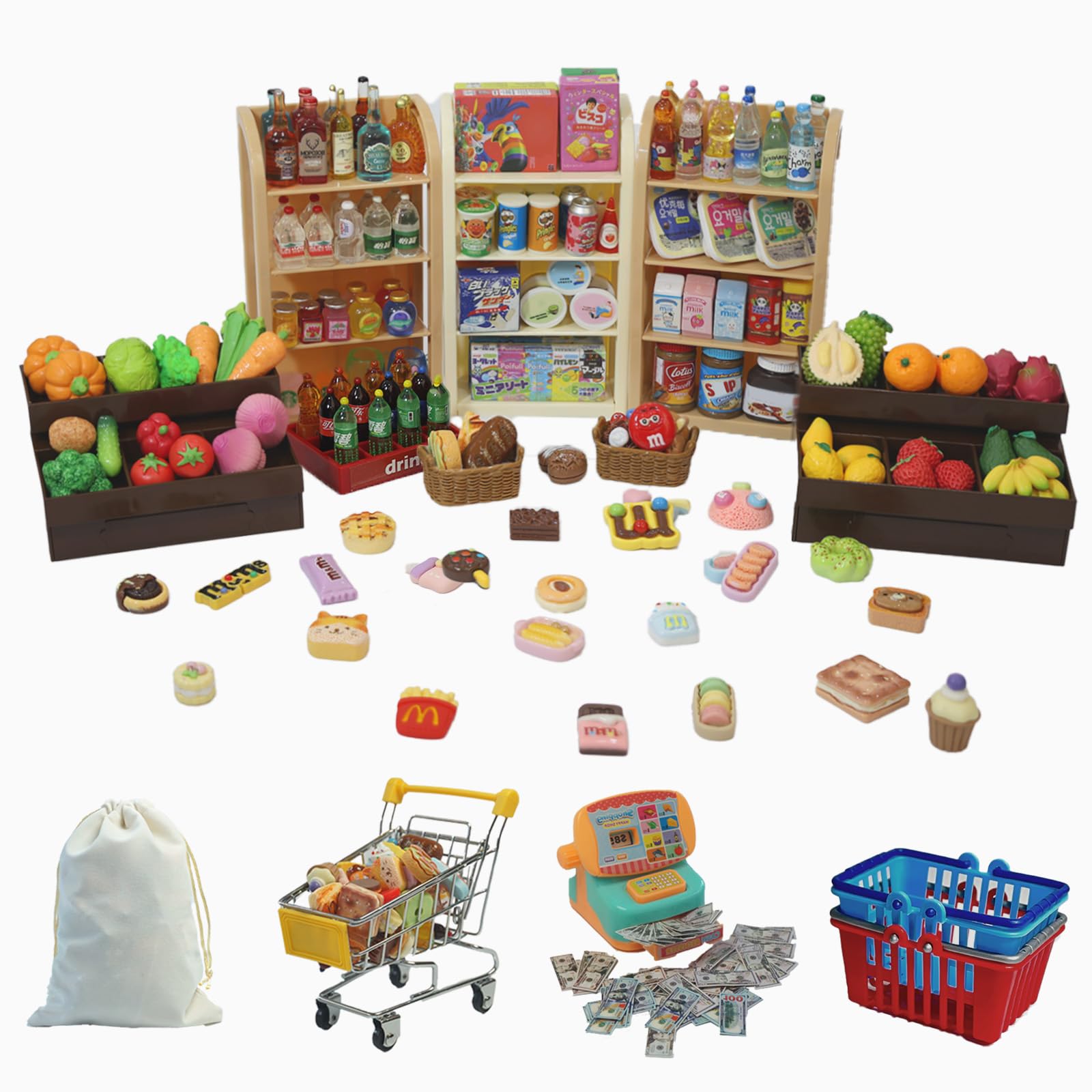 180Pcs Mini Shopping Cart Playset - Pretend Grocery Dollhouse Accessories Toys w