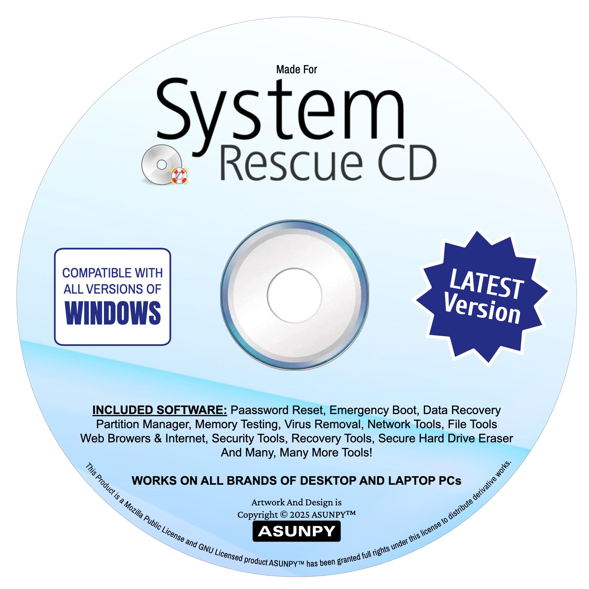System Rescue CD System Recovery Disk Compatible with Windows 11,10,8.1,8,7, Vis