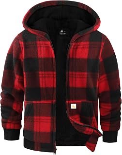 zitysport Boy Fleece Hoodie Kids Winter Plaid Fleece Full-Zip Hoodie Fleece Lined Sherpa Sweatshirt Boy's Jacket Soft Warm Hooded Flannel Jacket for Children