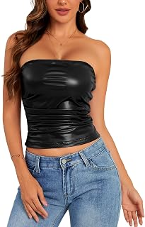 Waist Wow Women's PU Leather Tube Top Strapless Ruched Tank Tops Sexy Bandeau Going Out Shirt Partywear Club Concert Outfit