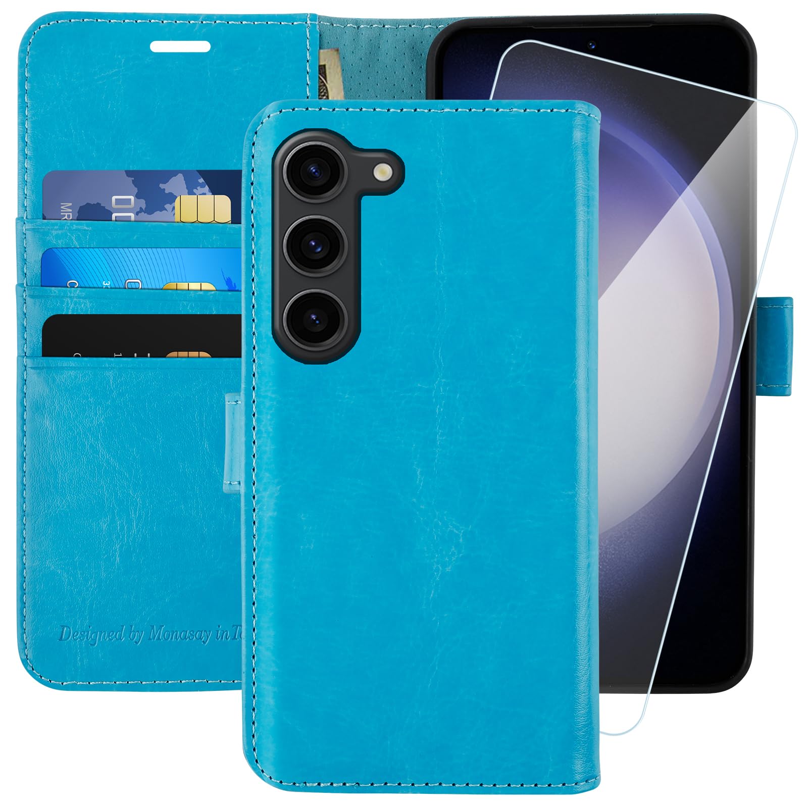 MONASAY Wallet Case for Samsung S23 with 3 Card Holders - Light Blue
